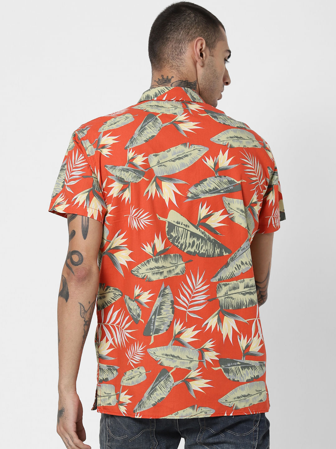 Red Tropical Print Short Sleeves Shirt