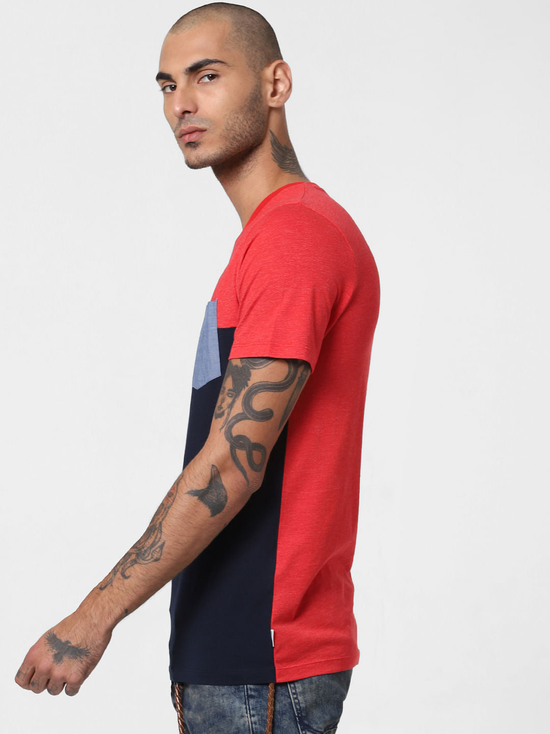 Red Colourblocked Crew Neck T-shirt