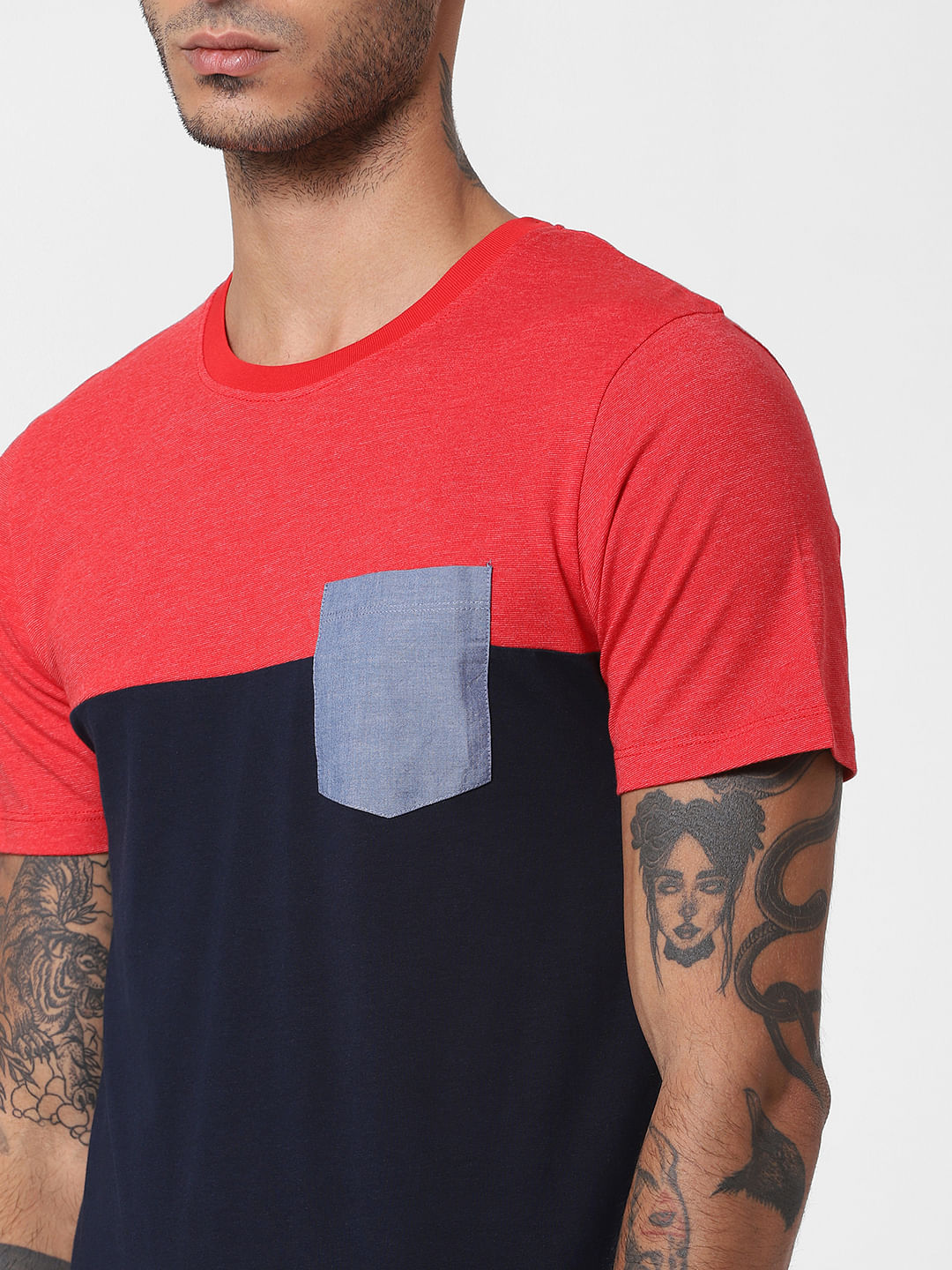 Red Colourblocked Crew Neck T-shirt