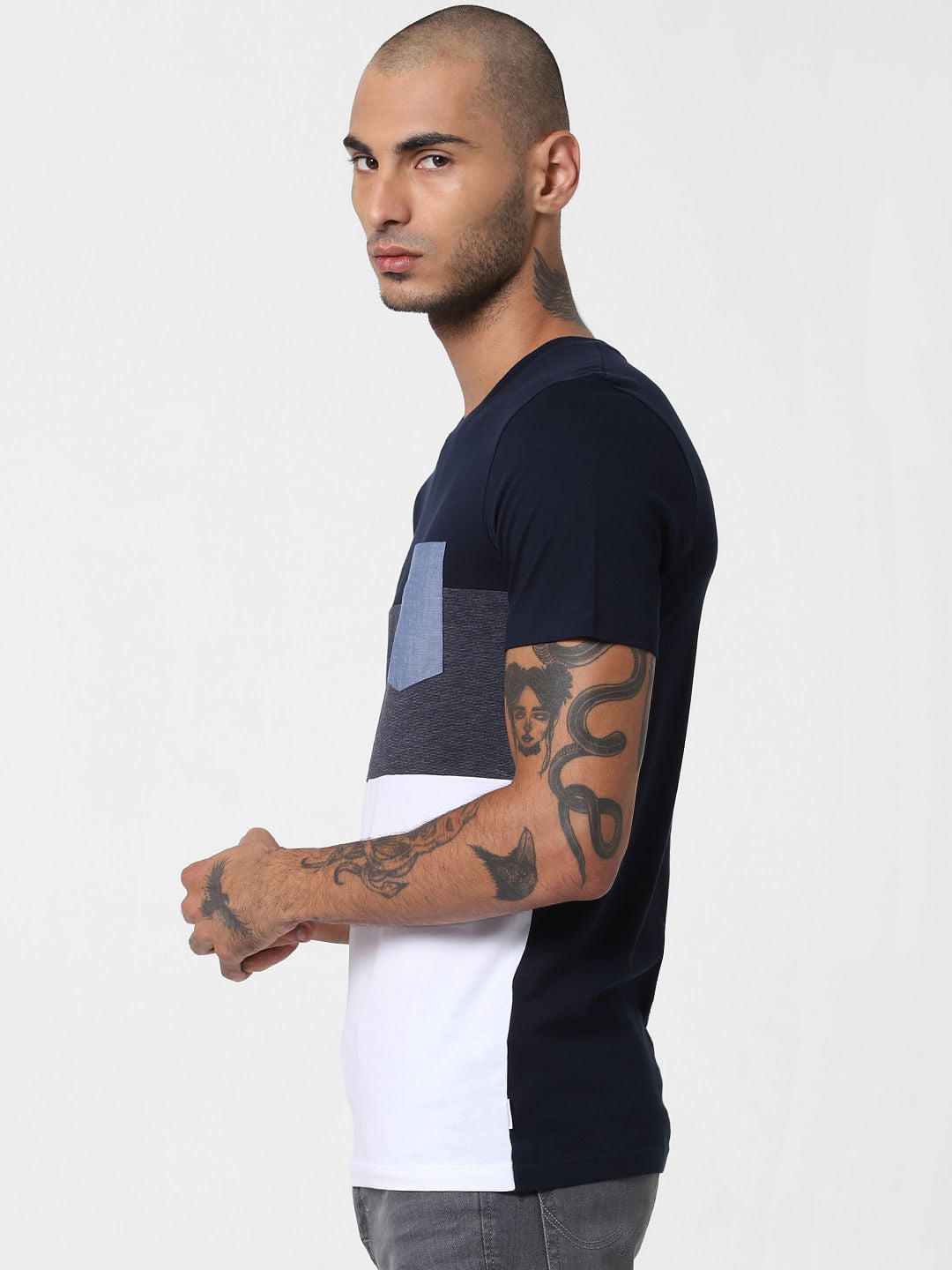 Blue Colourblocked Crew Neck T-shirt