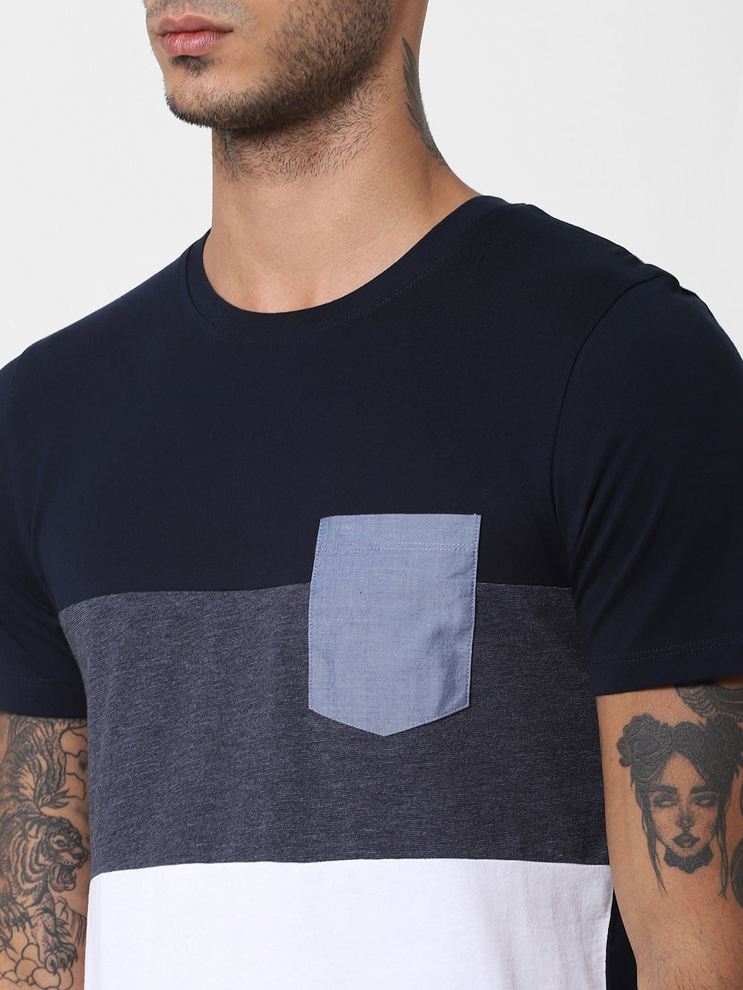 Blue Colourblocked Crew Neck T-shirt