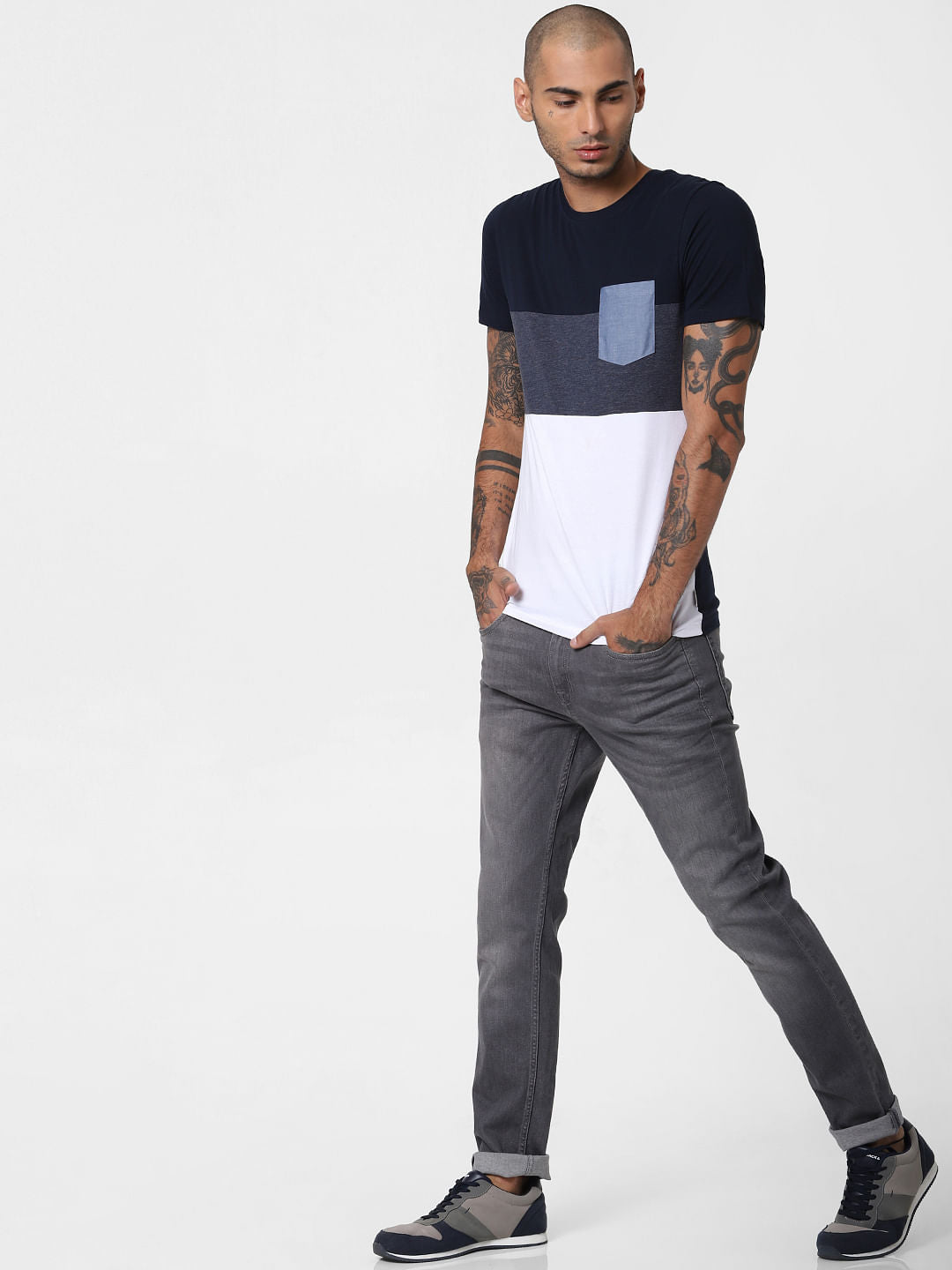 Blue Colourblocked Crew Neck T-shirt
