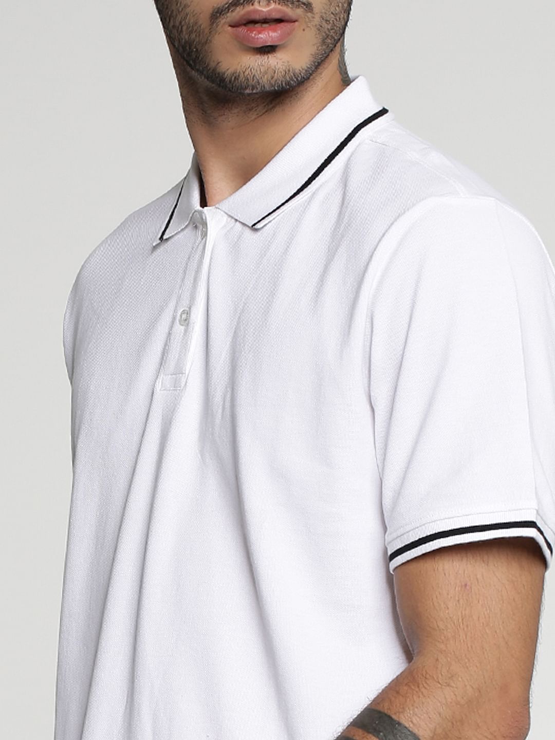 White Contrast Tipping Polo Neck T-shirt