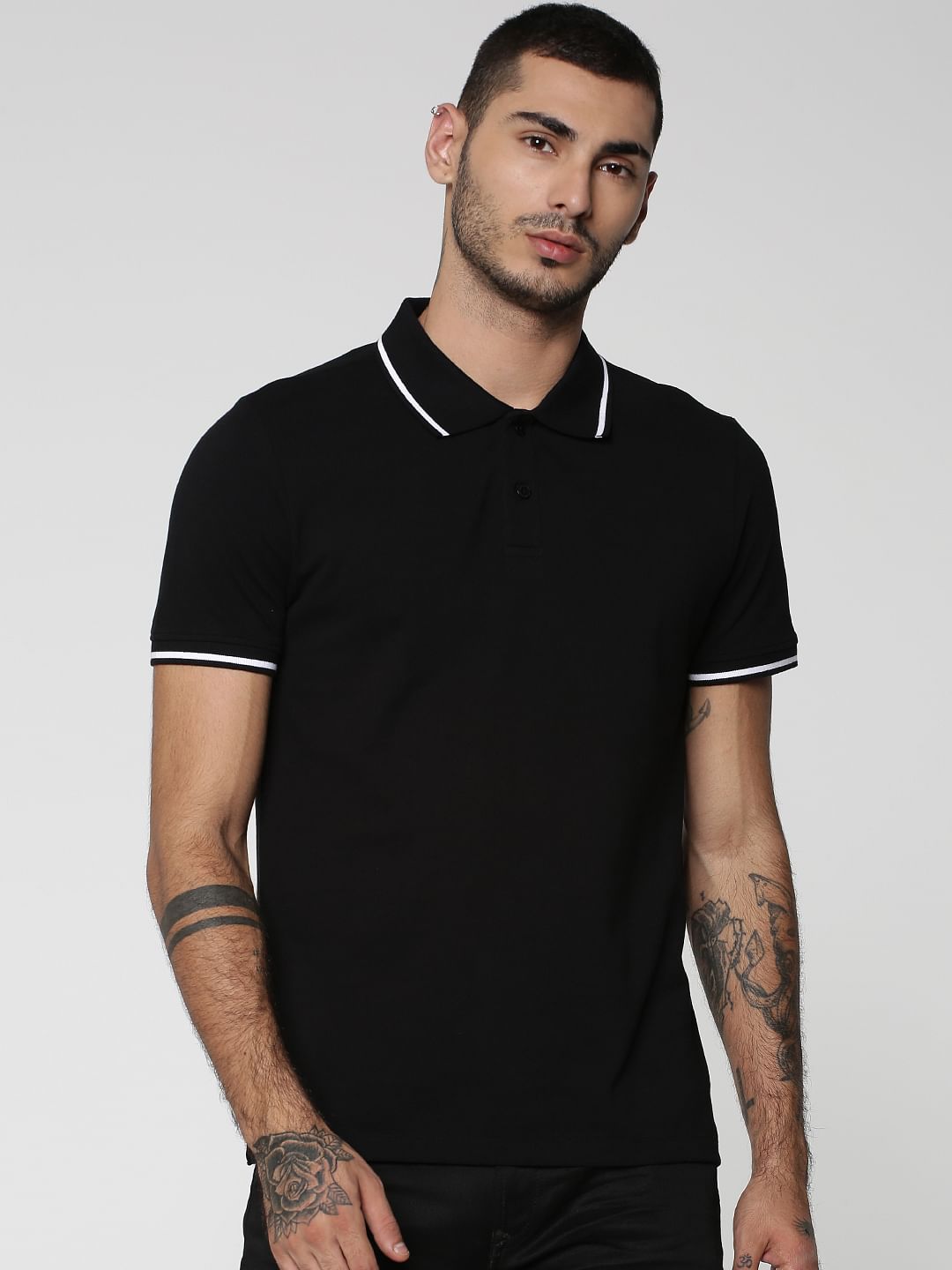 Black Contrast Tipping Polo Neck T-shirt