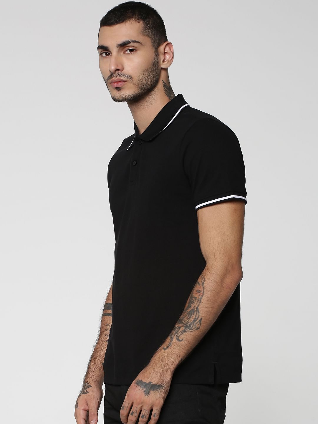 Black Contrast Tipping Polo Neck T-shirt
