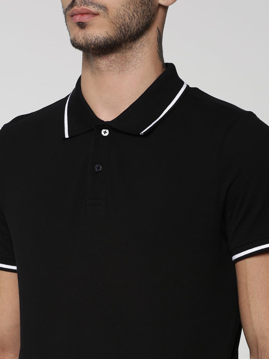 Black Contrast Tipping Polo Neck T-shirt