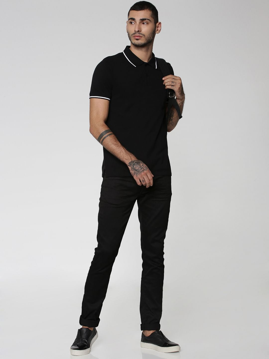Black Contrast Tipping Polo Neck T-shirt