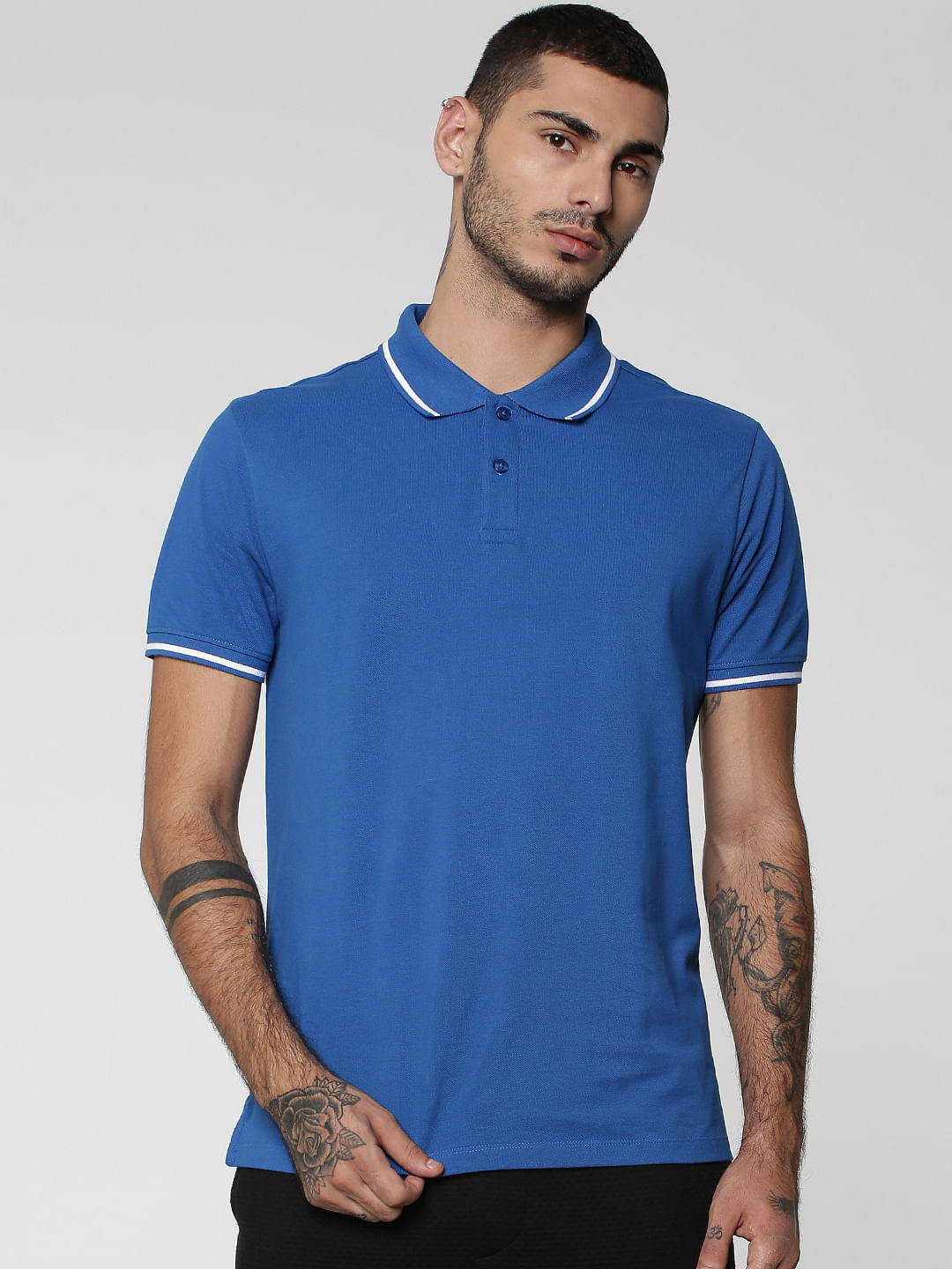 Blue Contrast Tipping Polo Neck T-shirt