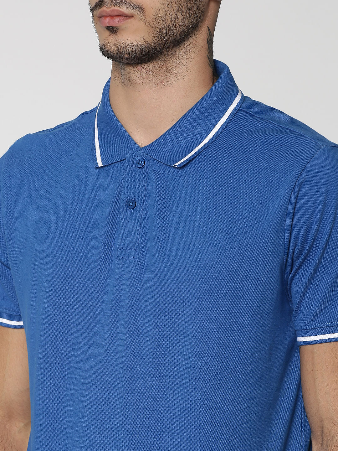 Blue Contrast Tipping Polo Neck T-shirt