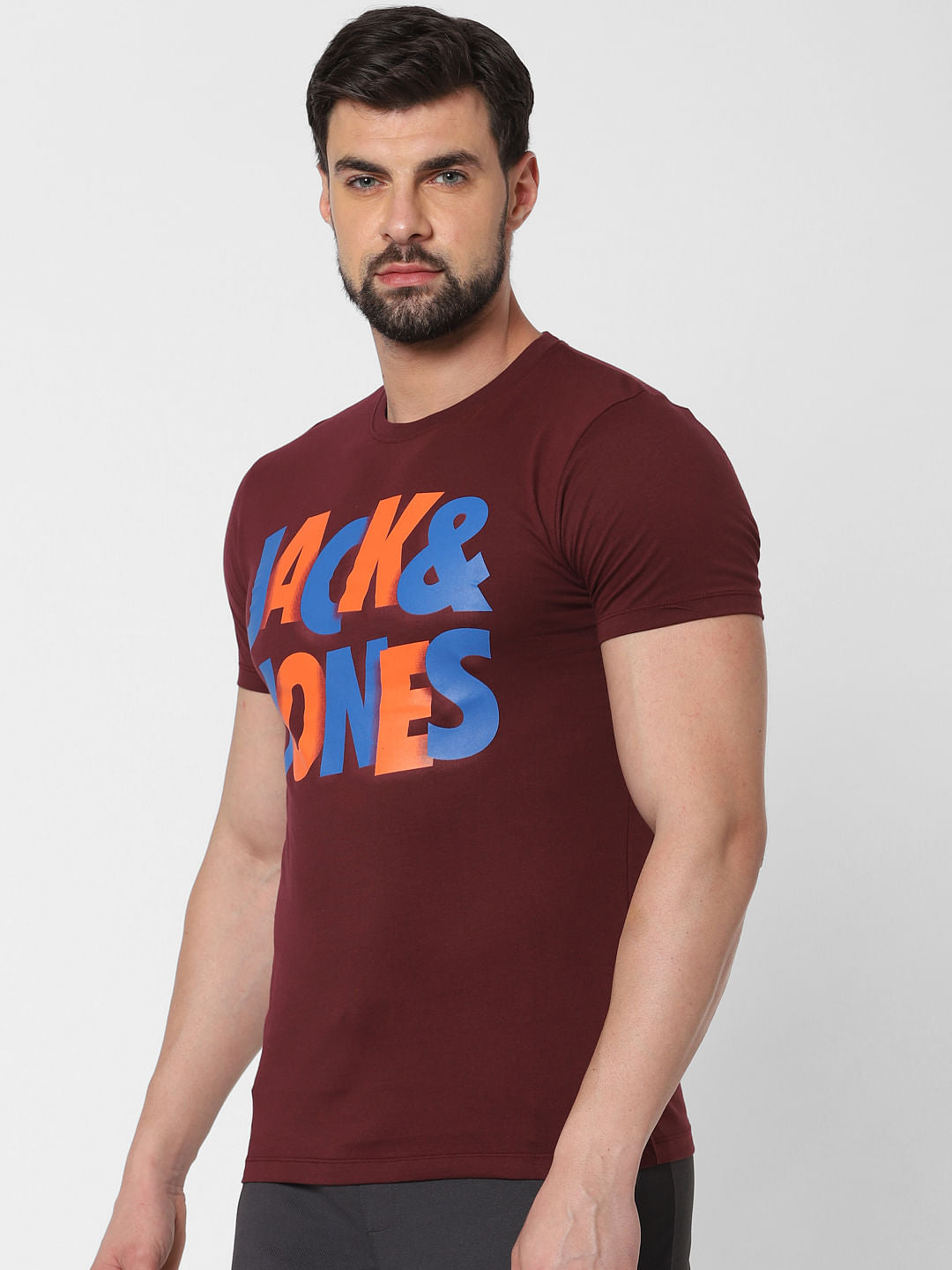 Burgundy Logo Print Crew Neck T-Shirt Online in India - Flat 20% Off