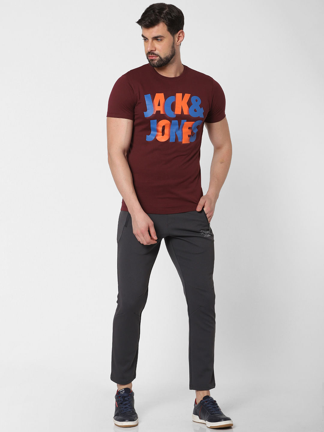Burgundy Logo Print Crew Neck T-Shirt Online in India - Flat 20% Off