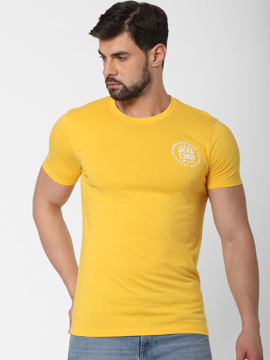 Yellow Logo Print Crew Neck T-Shirt Online in India - Flat 20% Off