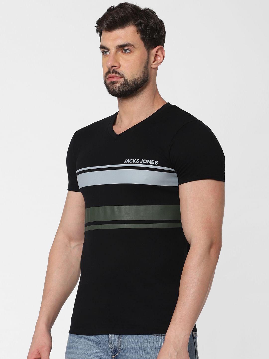 Black Striped Patch V Neck T-Shirt Online in India - Flat 20% Off