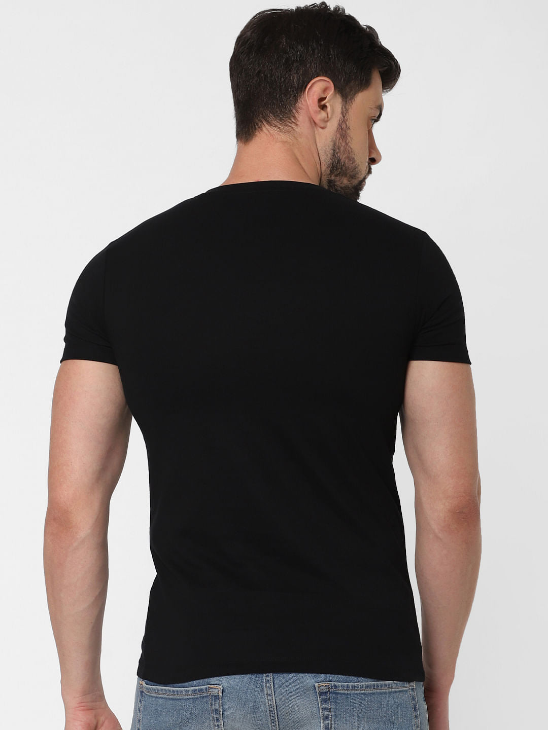 Black Striped Patch V Neck T-Shirt Online in India - Flat 20% Off
