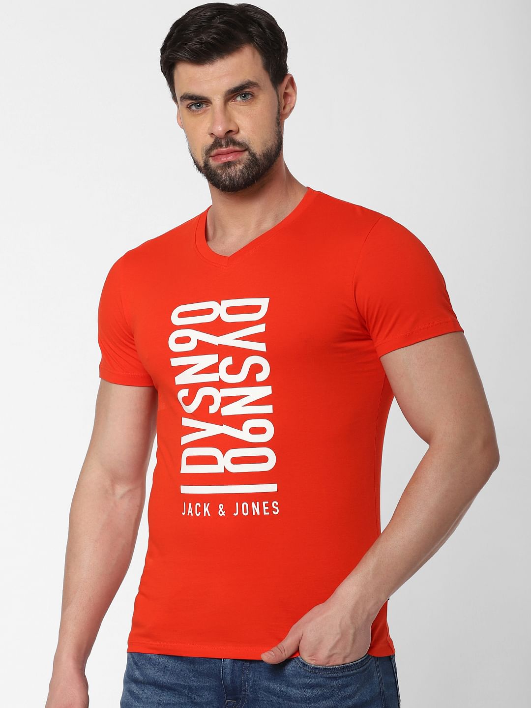 Red Text Print V Neck T-Shirt Online in India - Flat 20% Off
