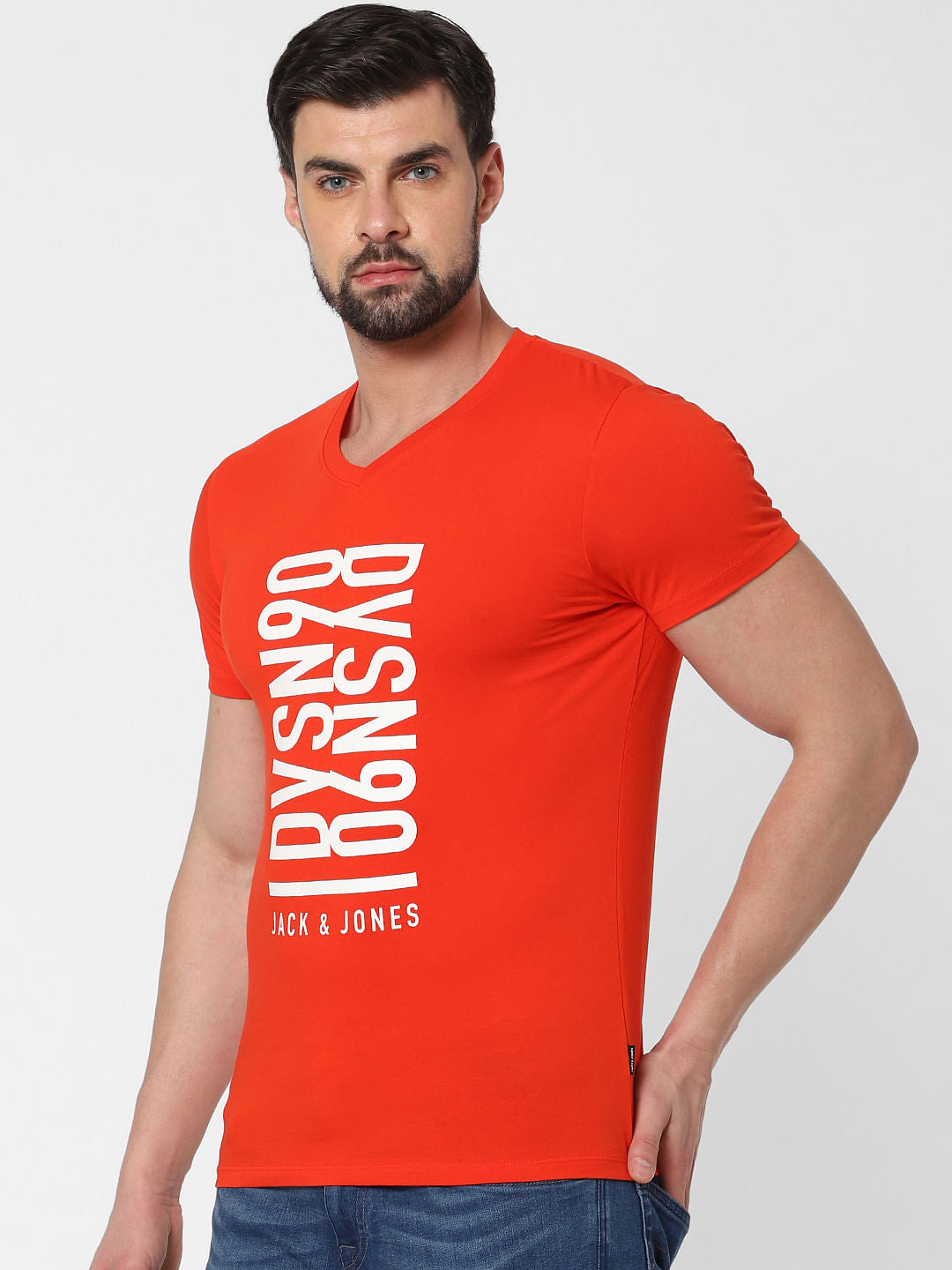 Red Text Print V Neck T-Shirt Online in India - Flat 20% Off