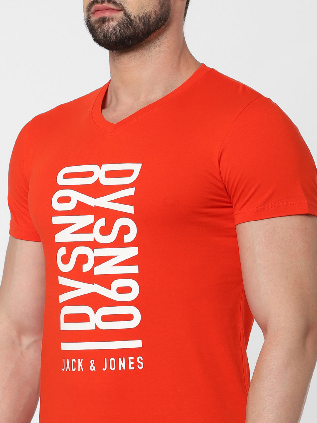 Red Text Print V Neck T-Shirt Online in India - Flat 20% Off