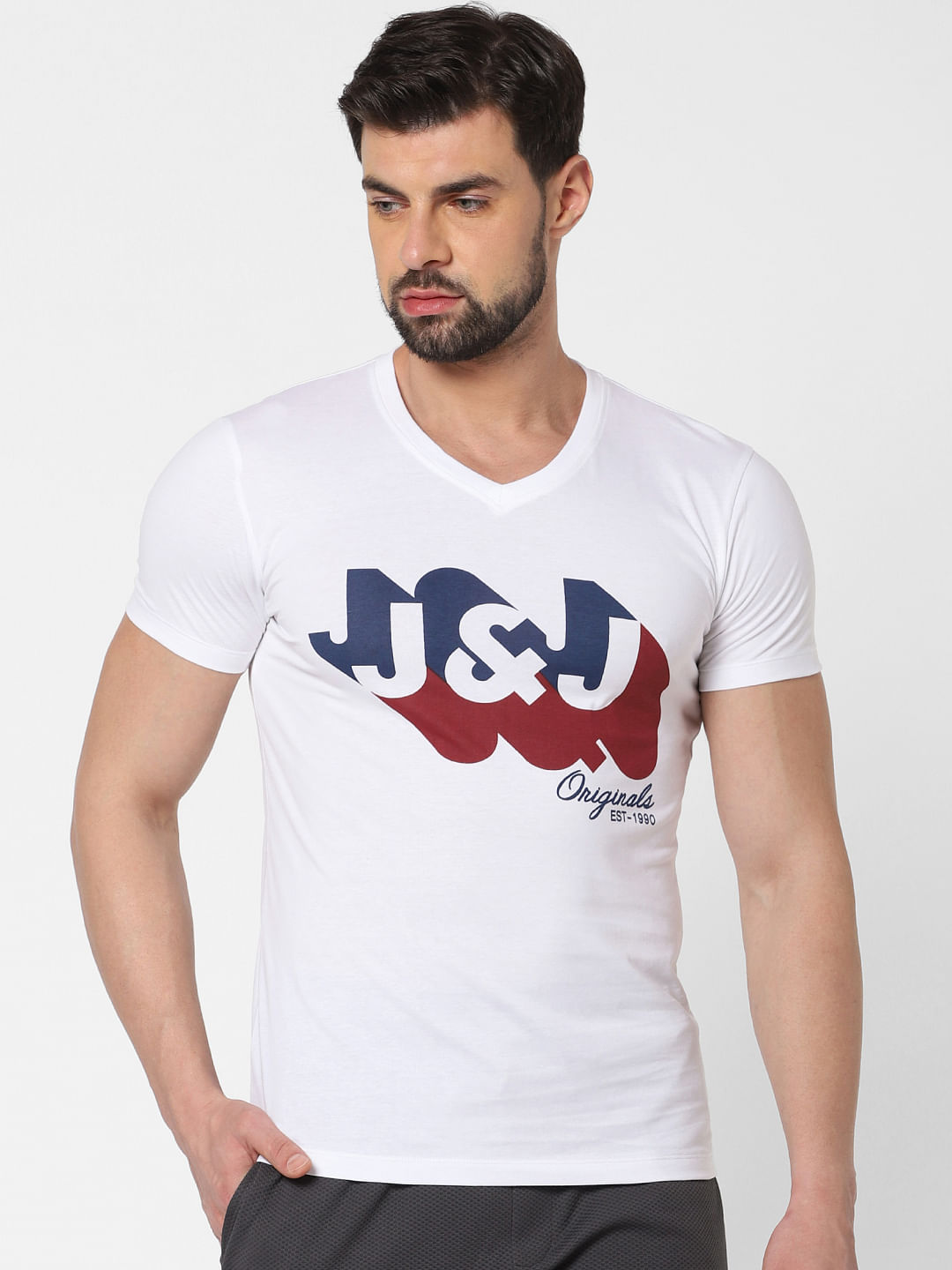 White Logo Print V Neck T-Shirt Online in India - Flat 20% Off