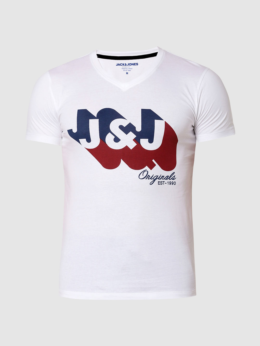 White Logo Print V Neck T-Shirt Online in India - Flat 20% Off