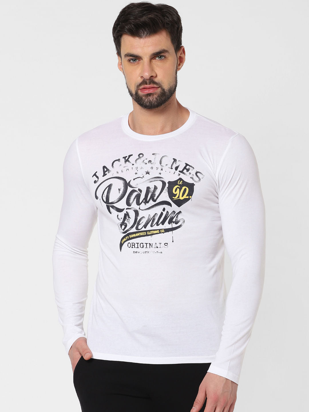 White Logo Print Crew Neck T-Shirt Online in India - Flat 20% Off