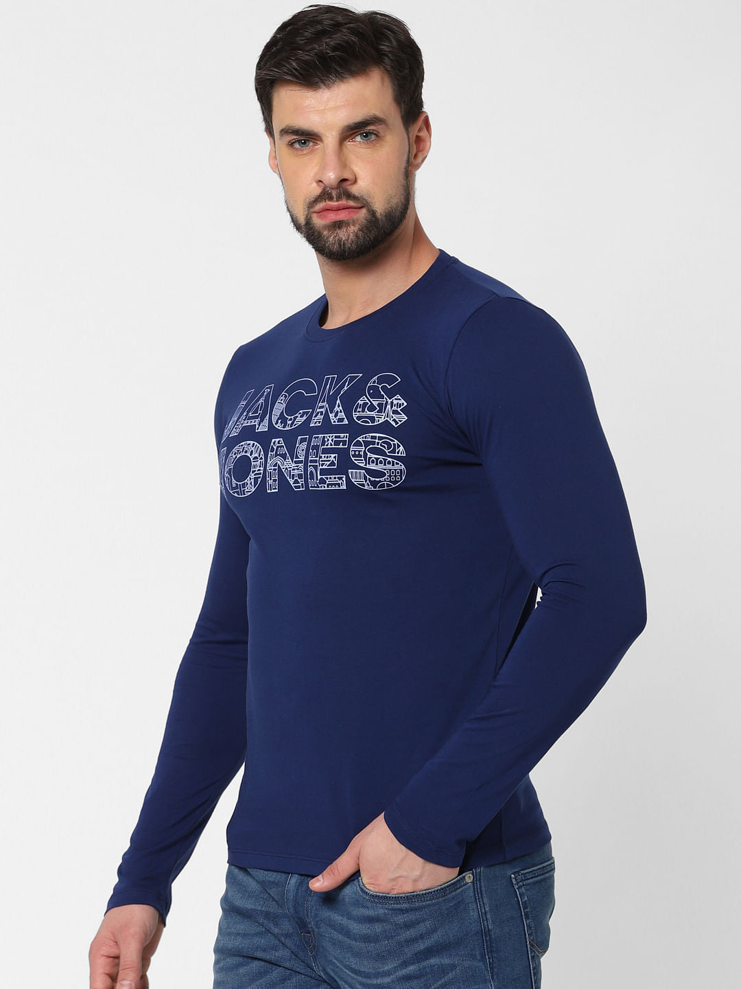 Dark Blue Logo Print Crew Neck T-Shirt Online in India - Flat 20% Off