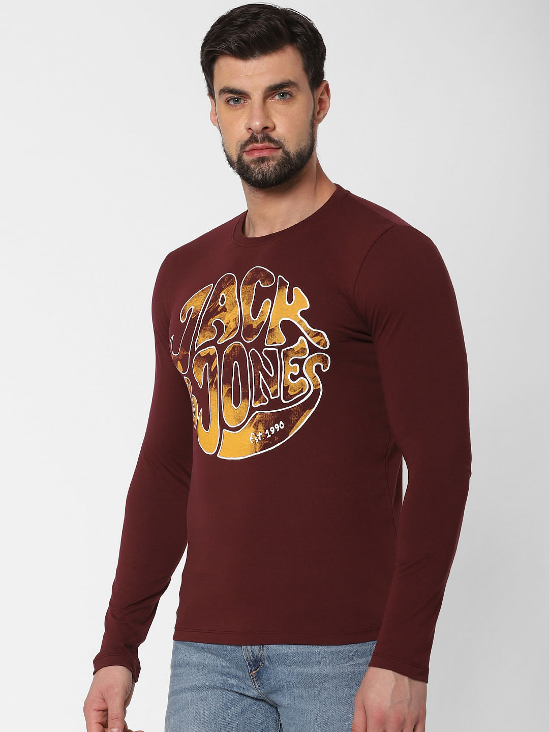 Burgundy Logo Print Crew Neck T-Shirt Online in India - Flat 20% Off
