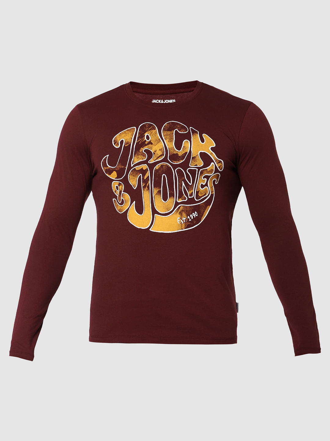Burgundy Logo Print Crew Neck T-Shirt Online in India - Flat 20% Off