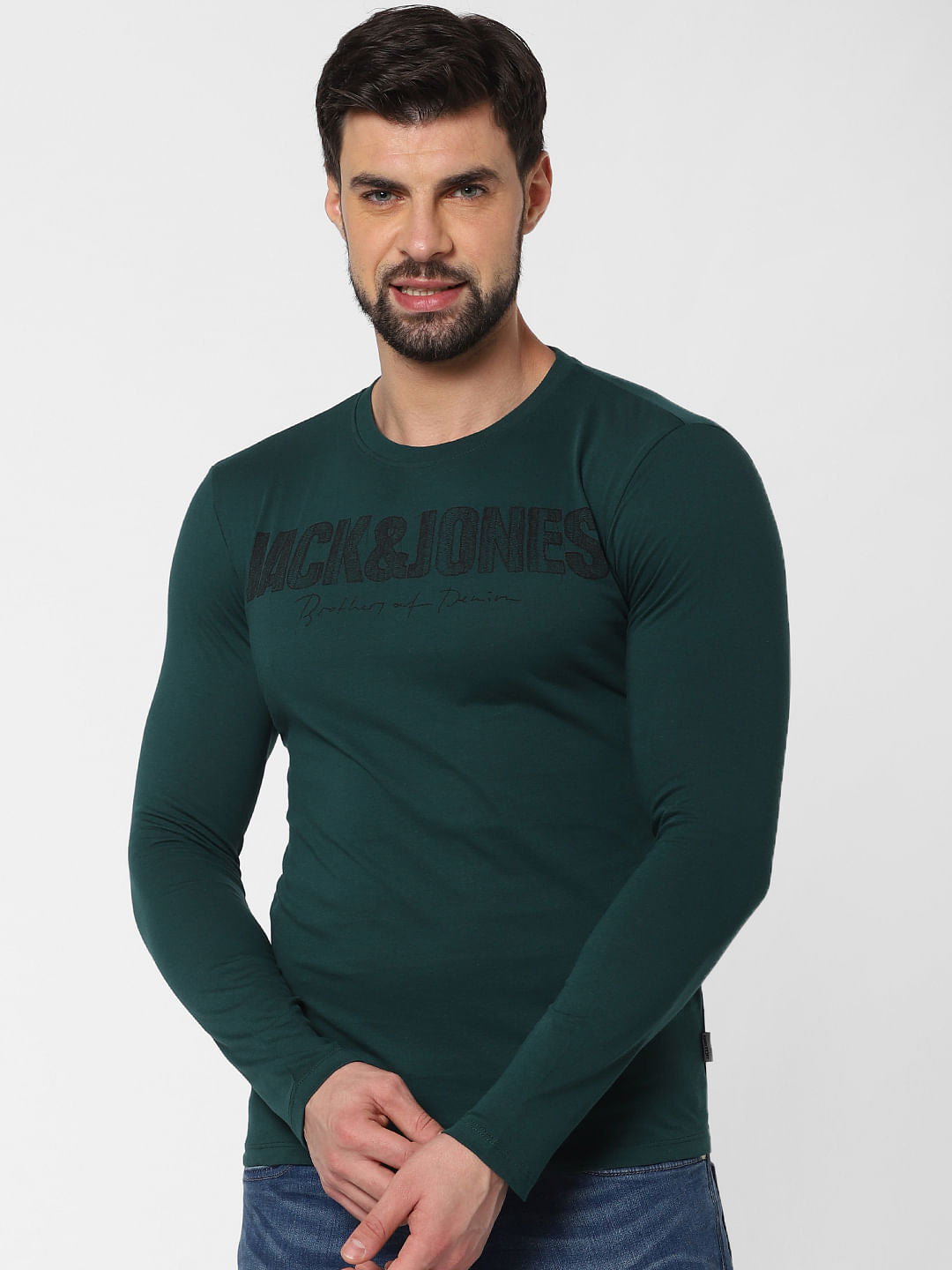 Dark Green Logo Print Crew Neck T-Shirt Online in India - Flat 20% Off