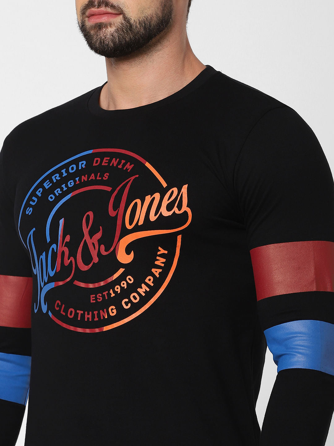 Black Logo Print Full Sleeves Crew Neck T-shirt