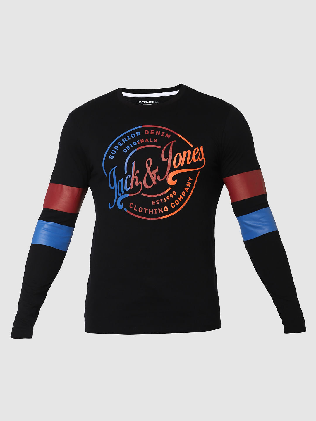 Black Logo Print Full Sleeves Crew Neck T-shirt