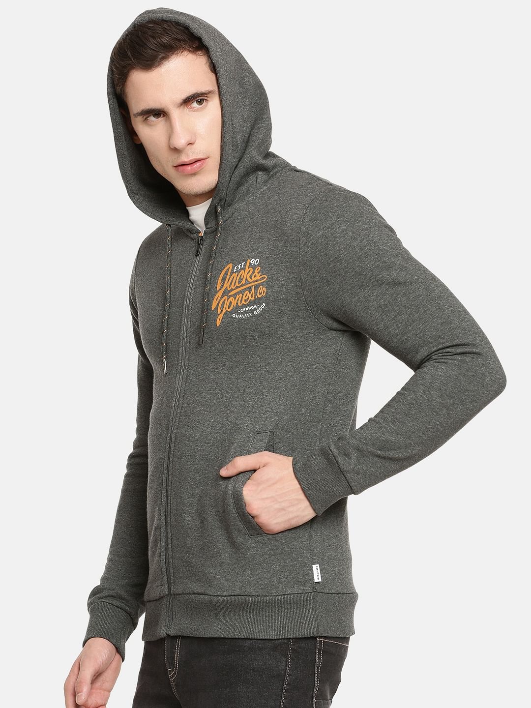 Grey Logo Print Hooded Sweatshirt
