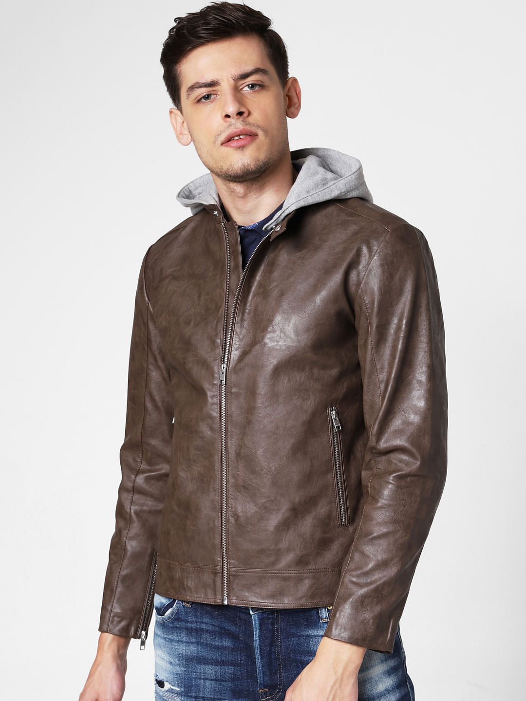 Brown Hooded PU Jacket