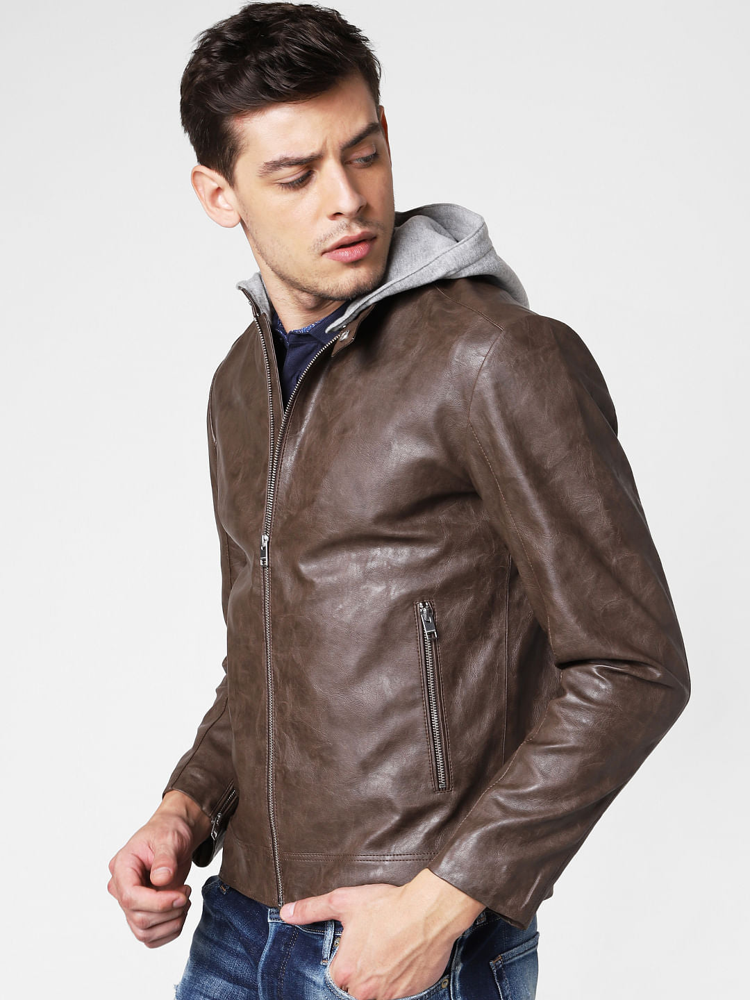 Brown Hooded PU Jacket