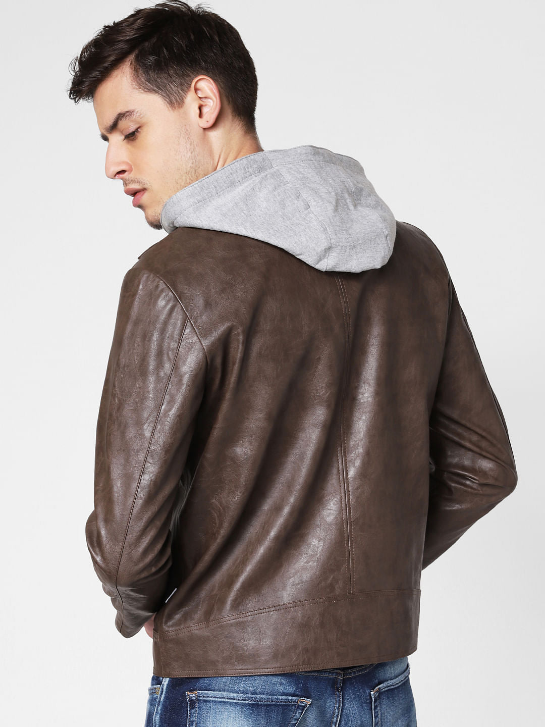 Brown Hooded PU Jacket