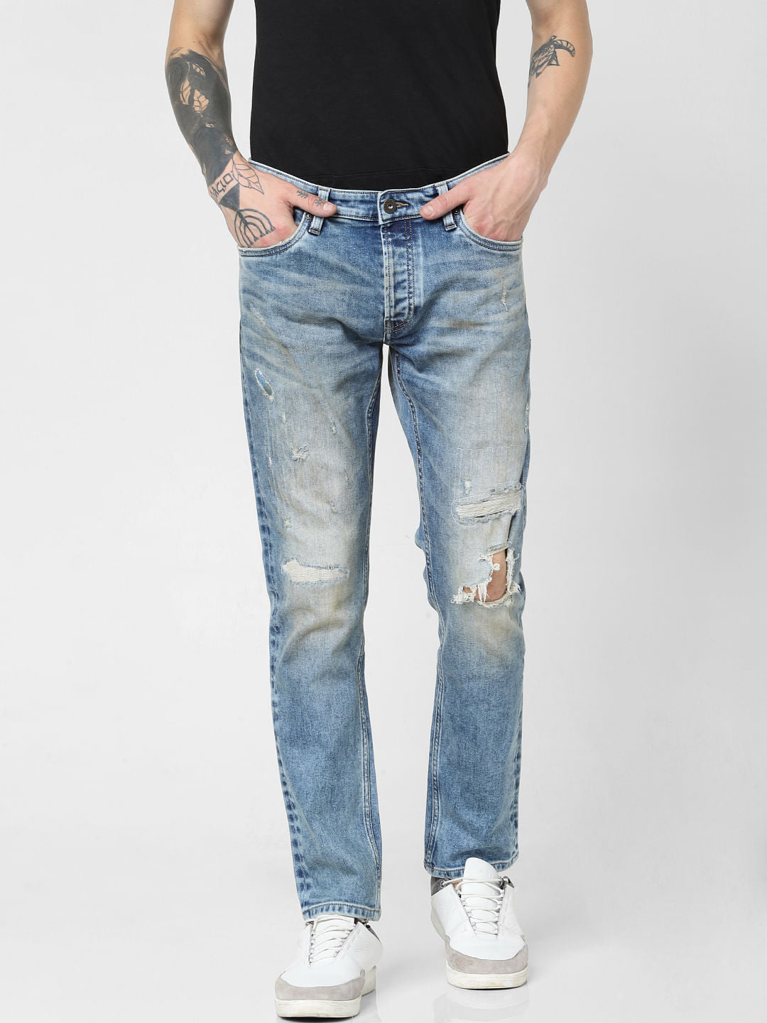 Blue Low Rise Ripped Tim Anti Fit Jeans