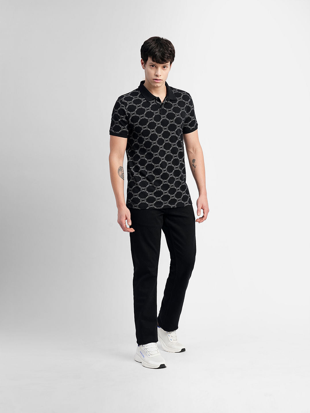 Black All Over Print Polo Neck T-shirt