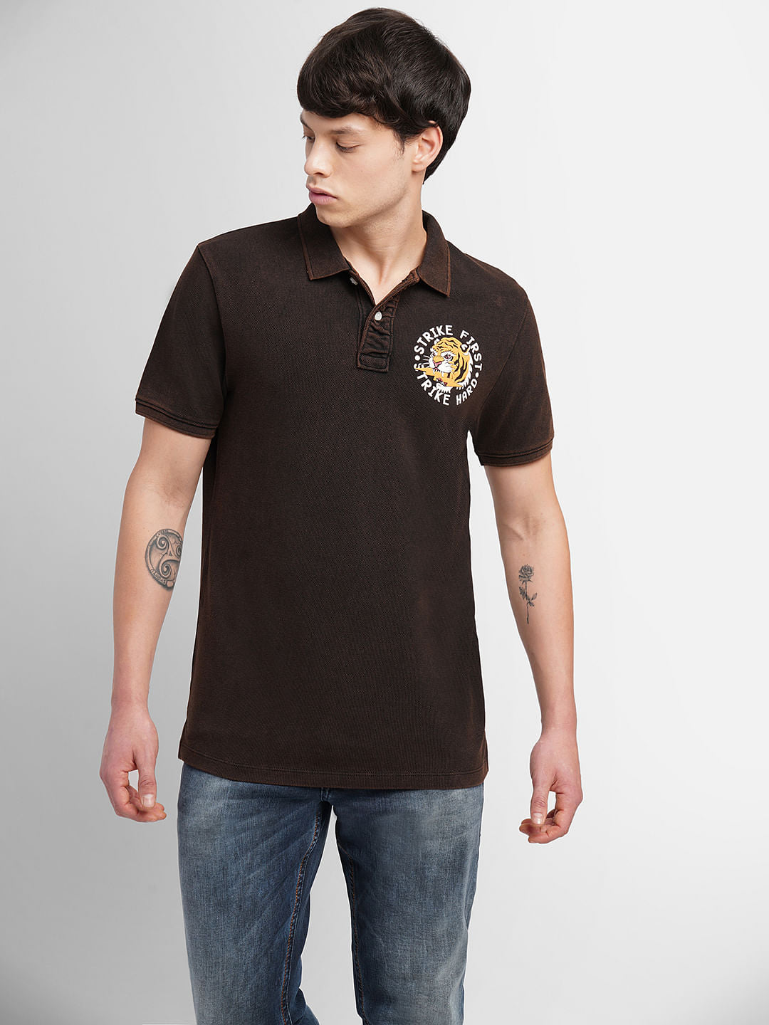 Dark Brown Graphic Print Polo T-shirt