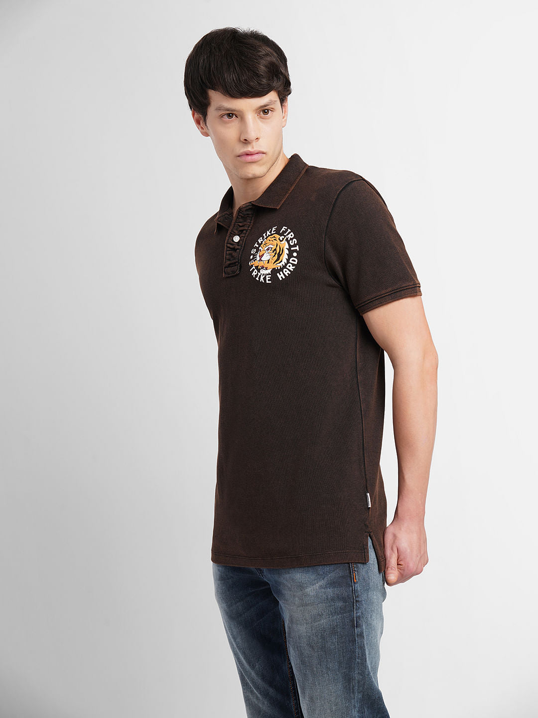 Dark Brown Graphic Print Polo T-shirt