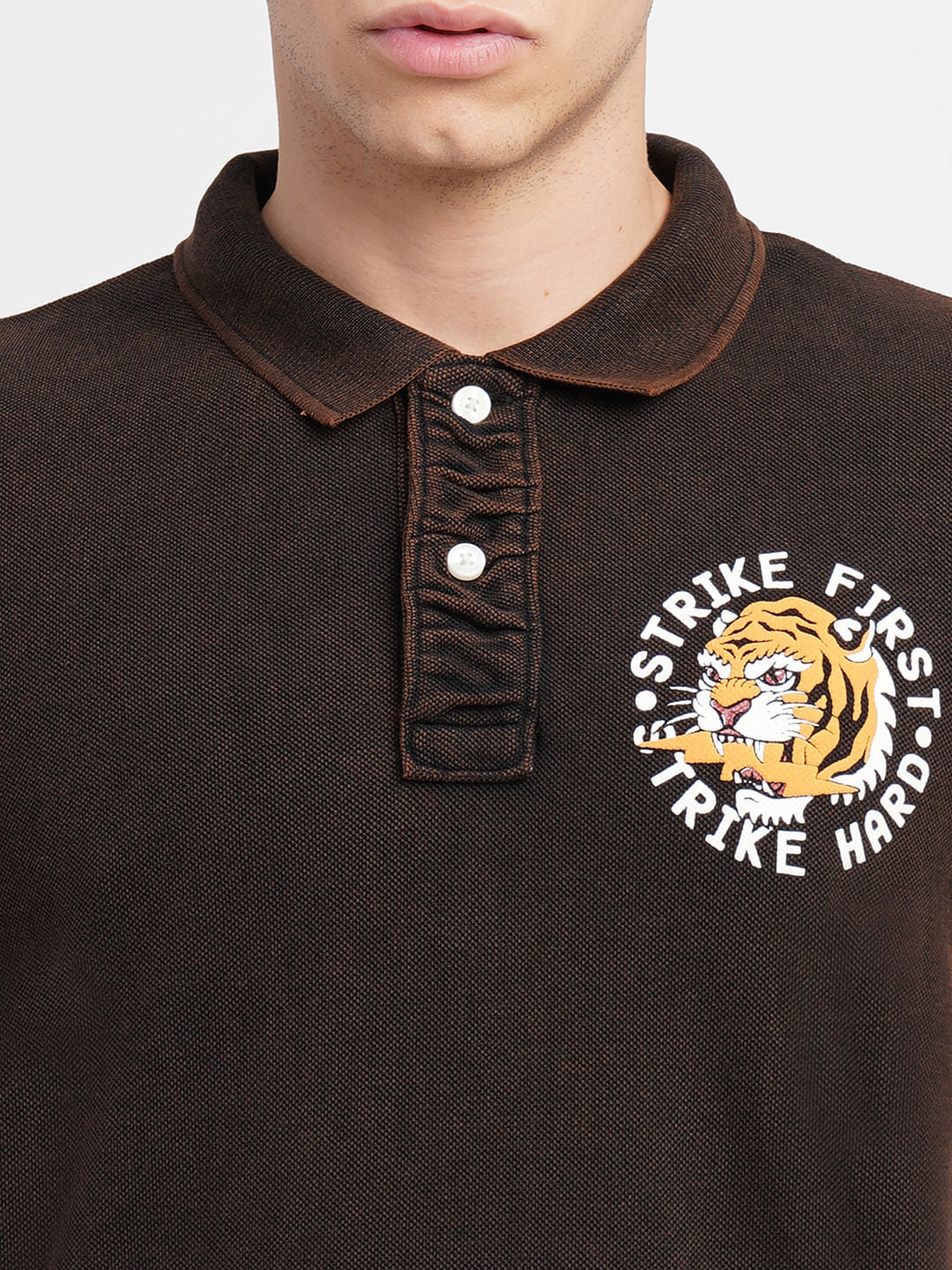 Dark Brown Graphic Print Polo T-shirt