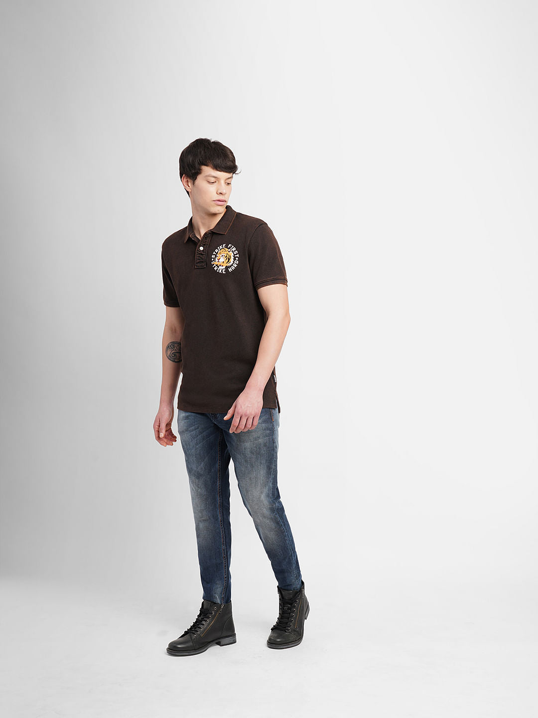 Dark Brown Graphic Print Polo T-shirt