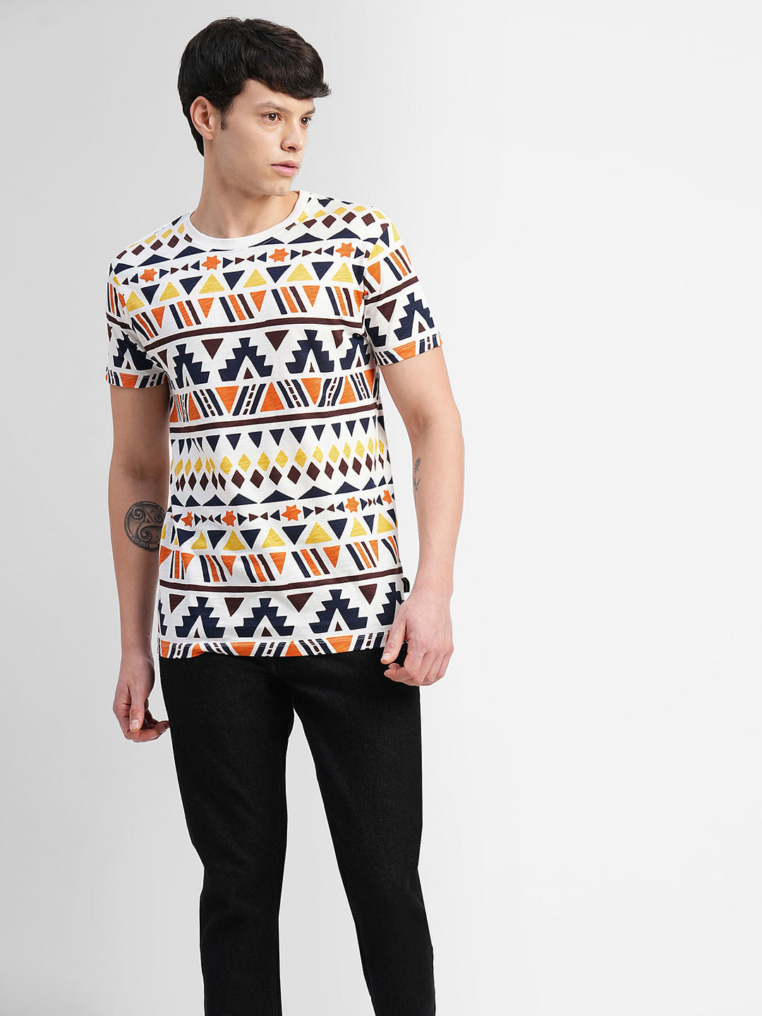 White Abstract Print Crew Neck T-shirt