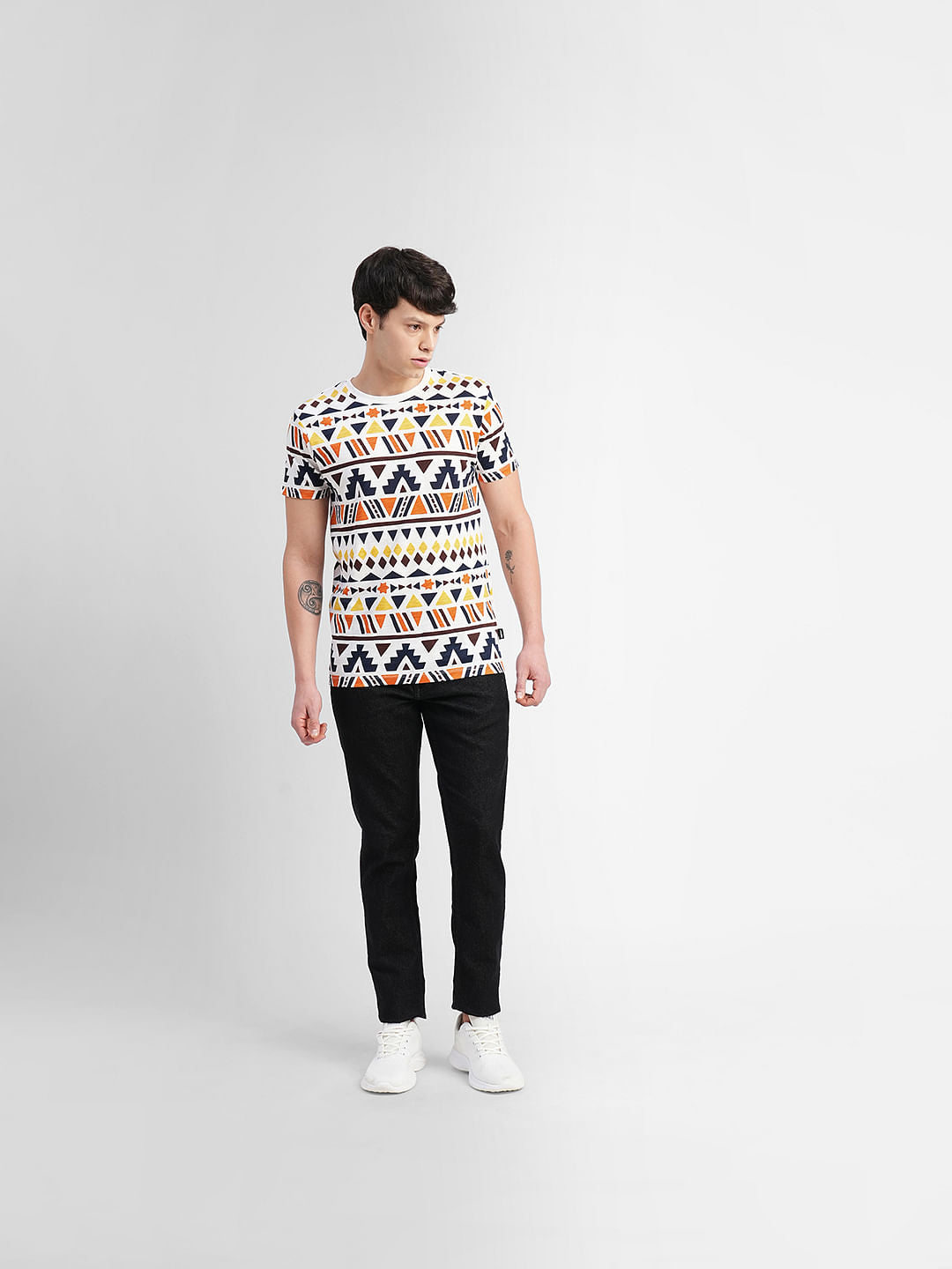 White Abstract Print Crew Neck T-shirt