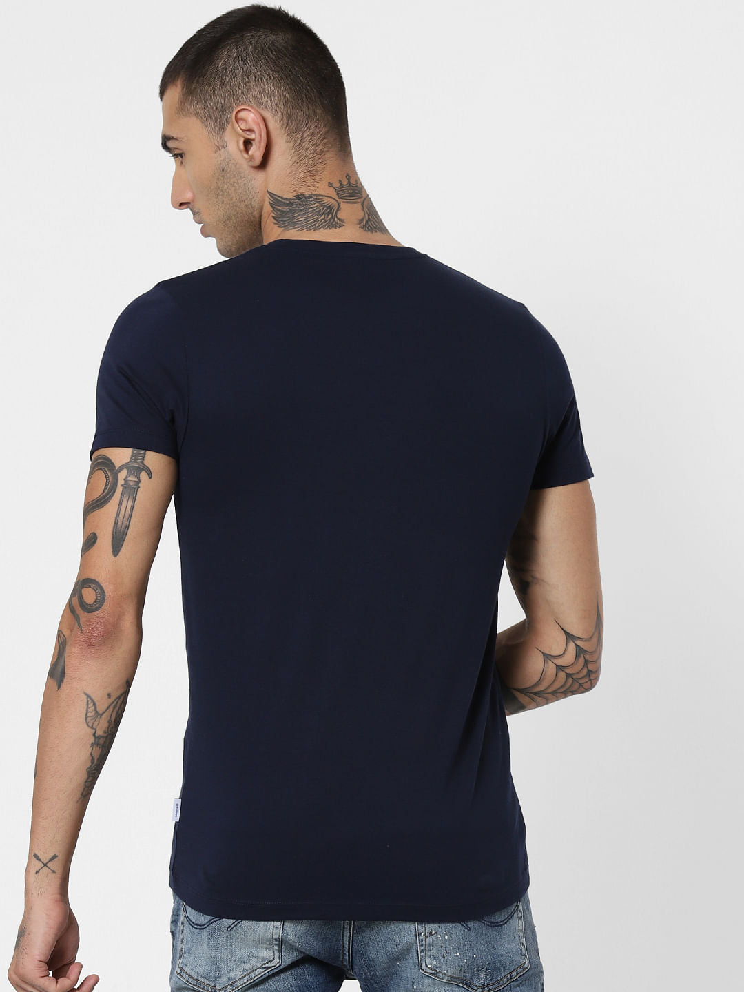 Navy Blue Colourblocked Crew Neck T-Shirt