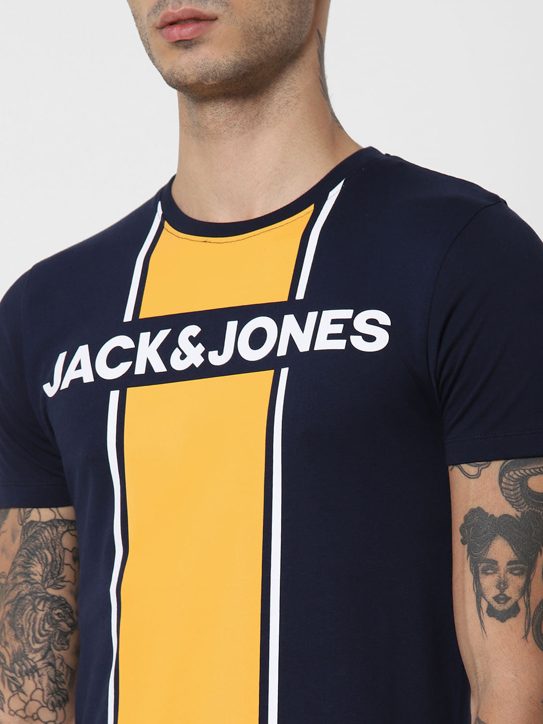 Navy Blue Colourblocked Crew Neck T-Shirt