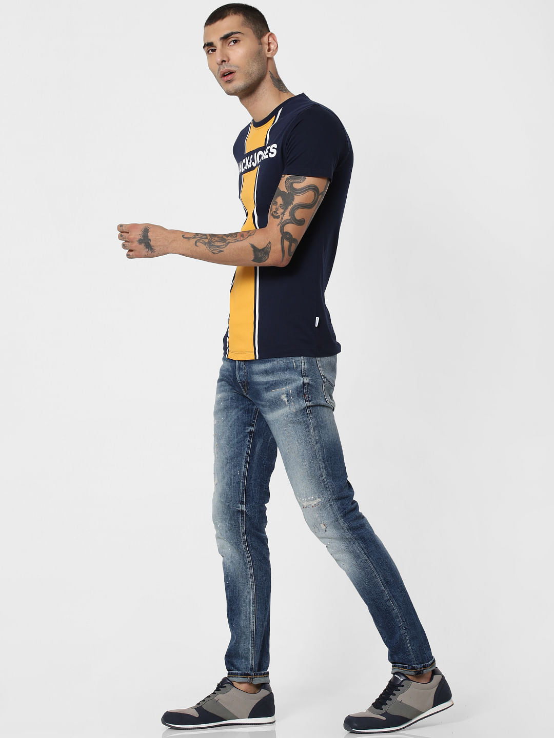 Navy Blue Colourblocked Crew Neck T-Shirt