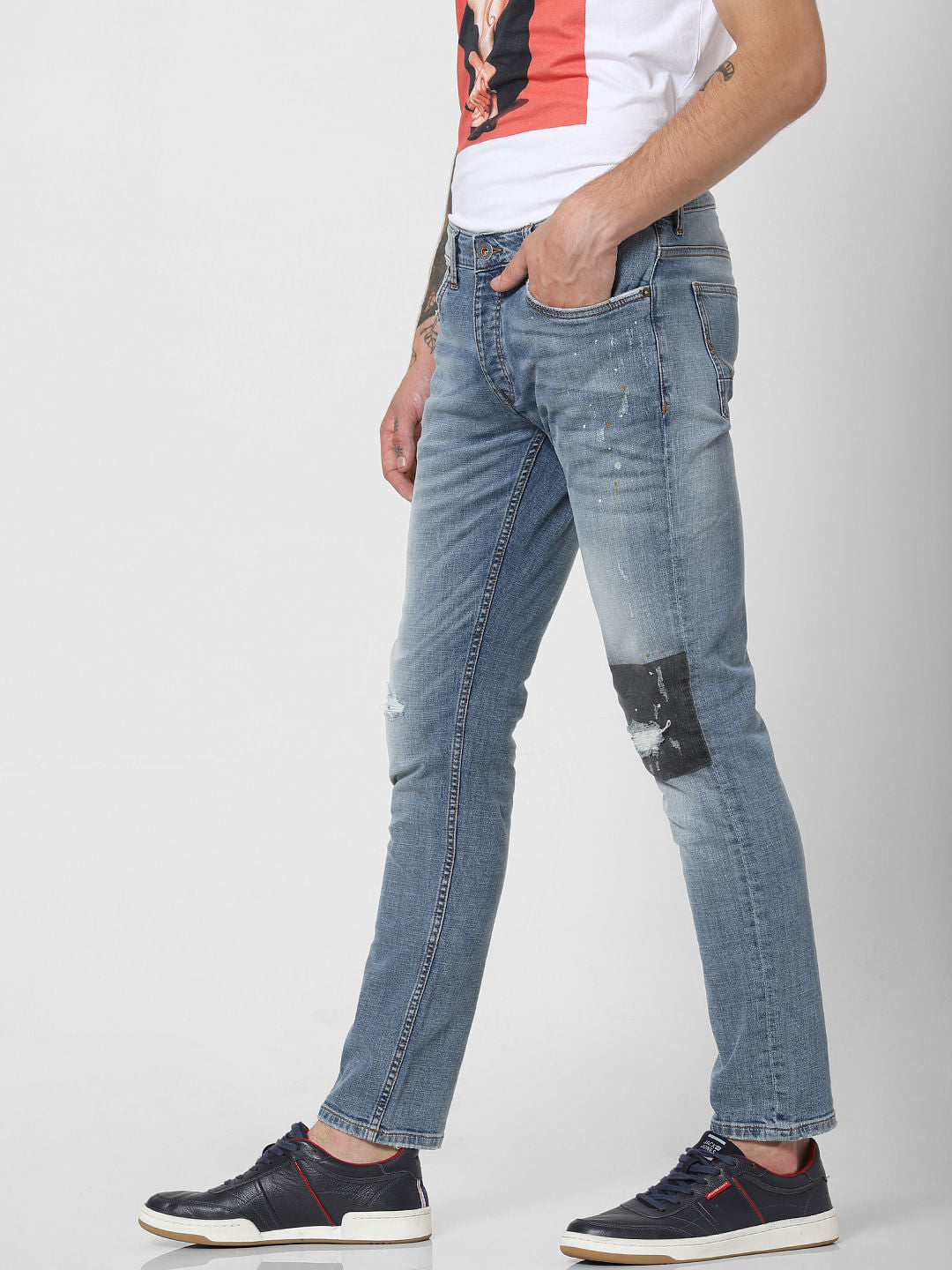Light Blue Low Rise Patch Print Slim Fit Jeans