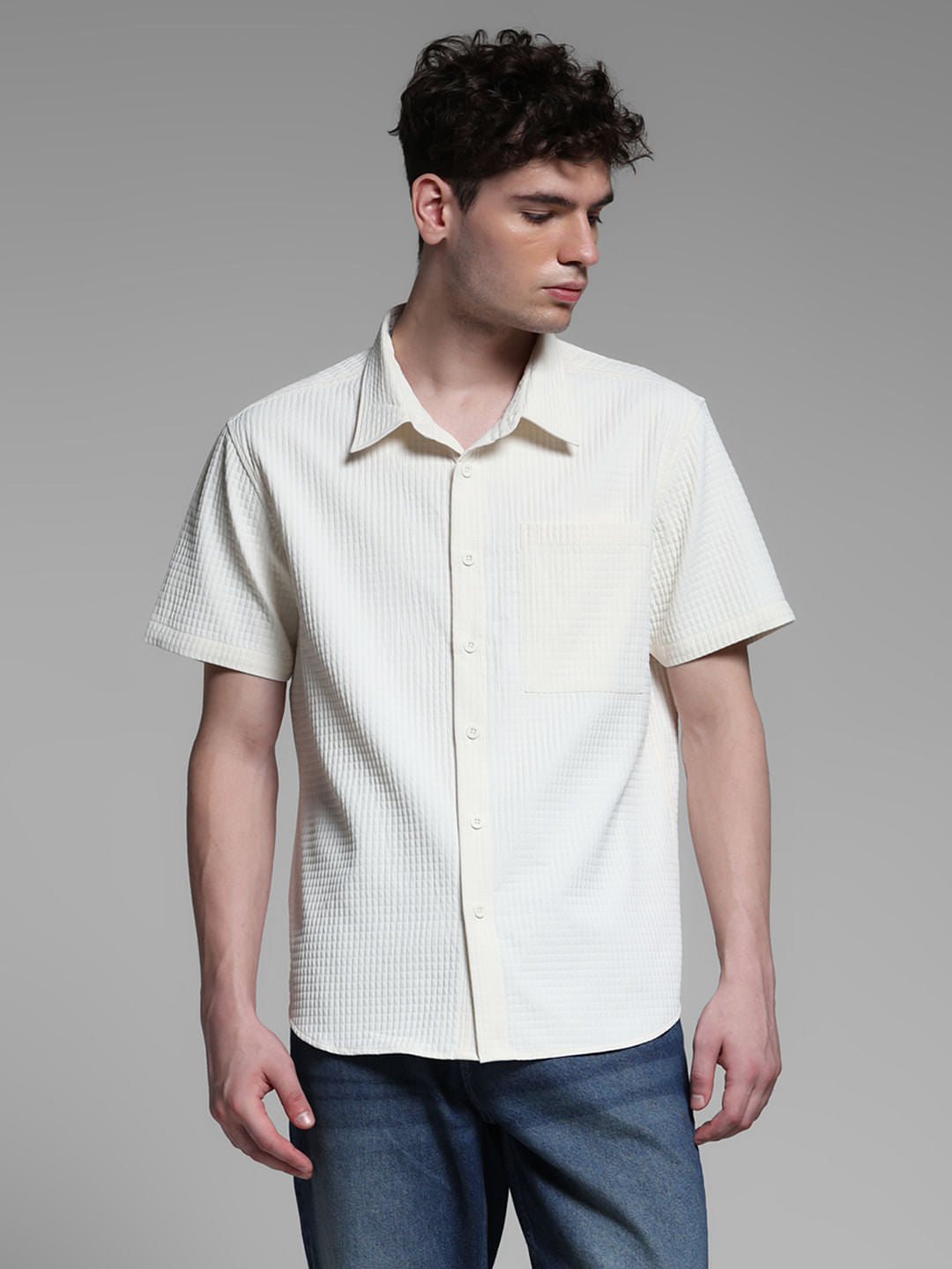 WHITE DOBBY CHECK SHIRT