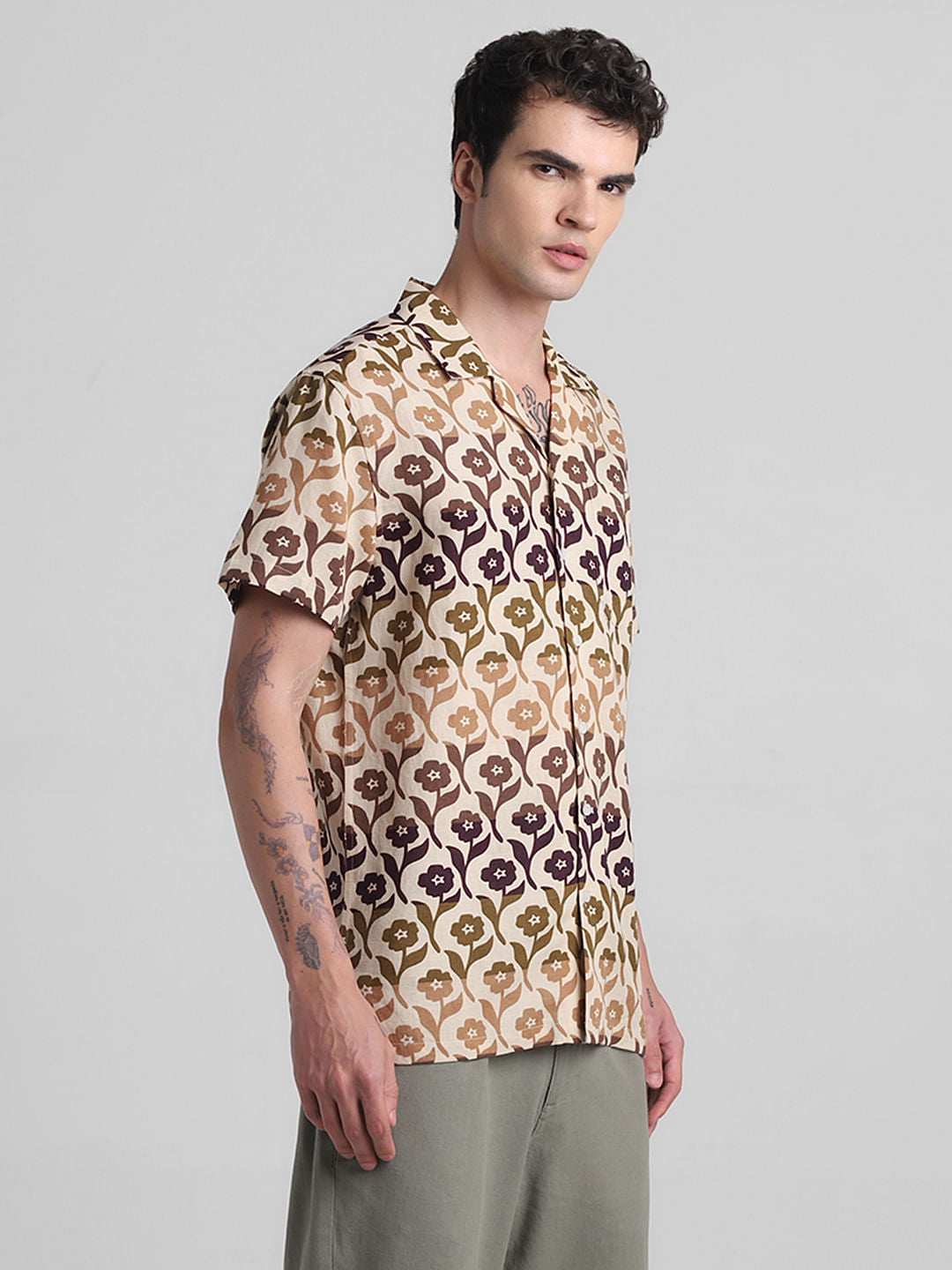 Beige Printed Short Sleeves Shirt