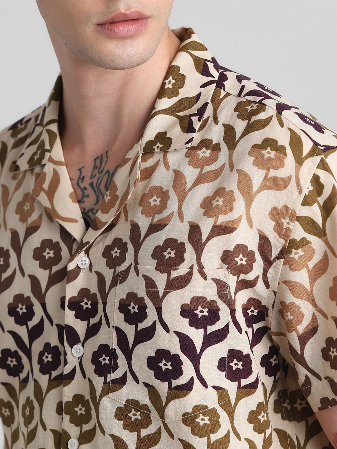 Beige Printed Short Sleeves Shirt