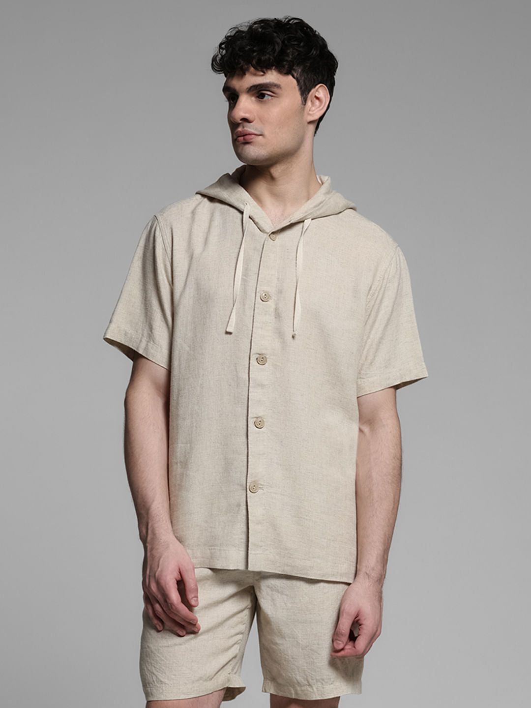 Beige Hooded Co-ord Set Shirt